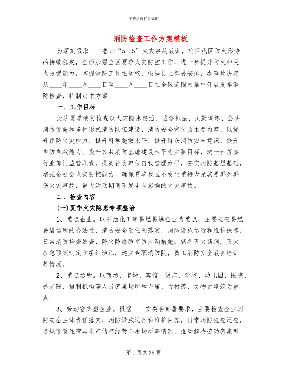 消防检查工作方案模板_第1页