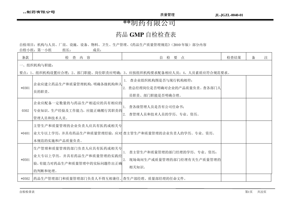 GMP自检检查表_第1页