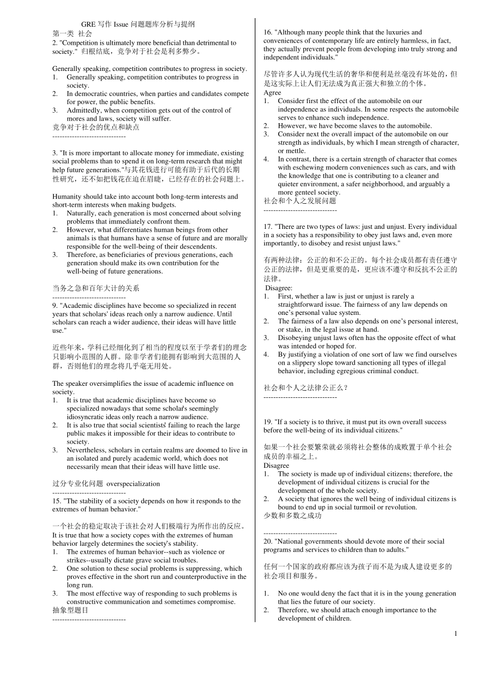 GRE作文题库所有244道Issue题目的写作提纲_第1页