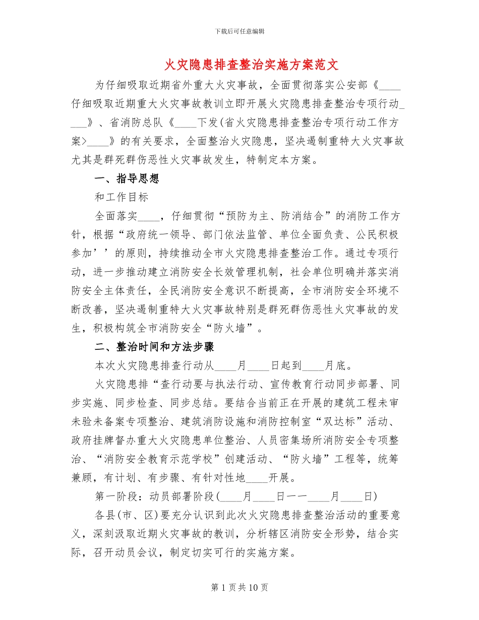 火灾隐患排查整治实施方案范文_第1页