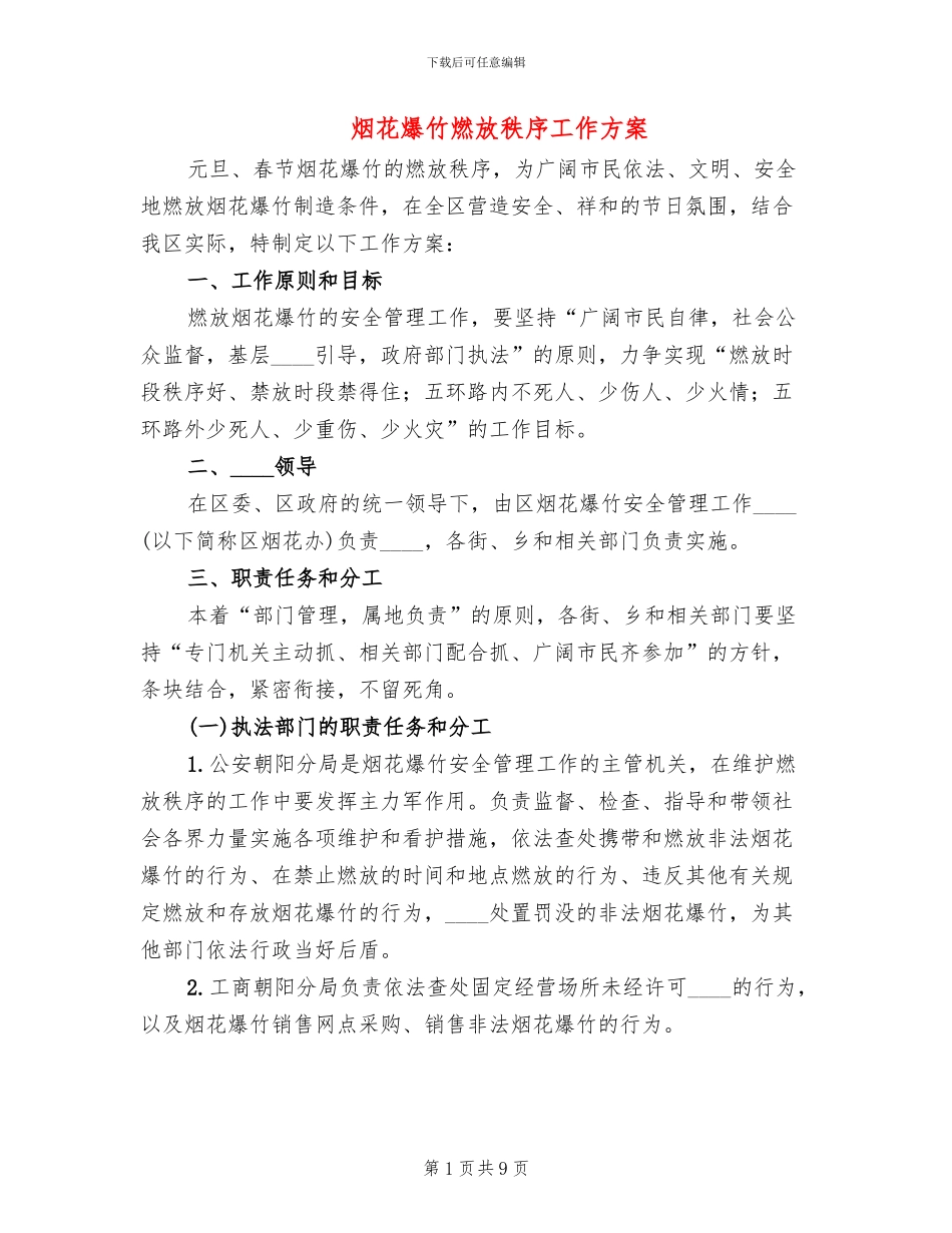 烟花爆竹燃放秩序工作方案_第1页