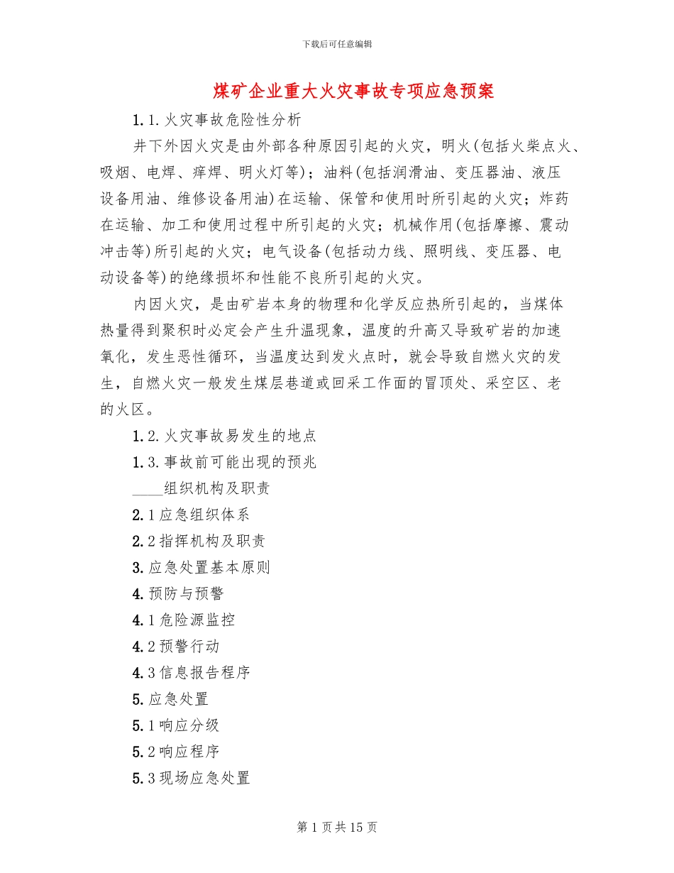 煤矿企业重大火灾事故专项应急预案_第1页