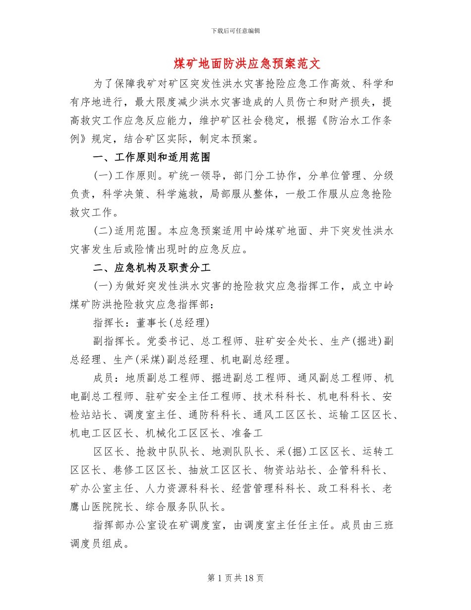 煤矿地面防洪应急预案范文_第1页