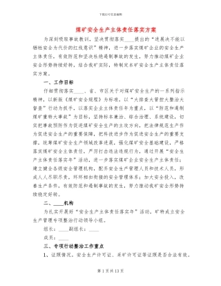 煤矿安全生产主体责任落实方案