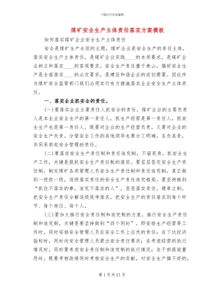 煤矿安全生产主体责任落实方案模板