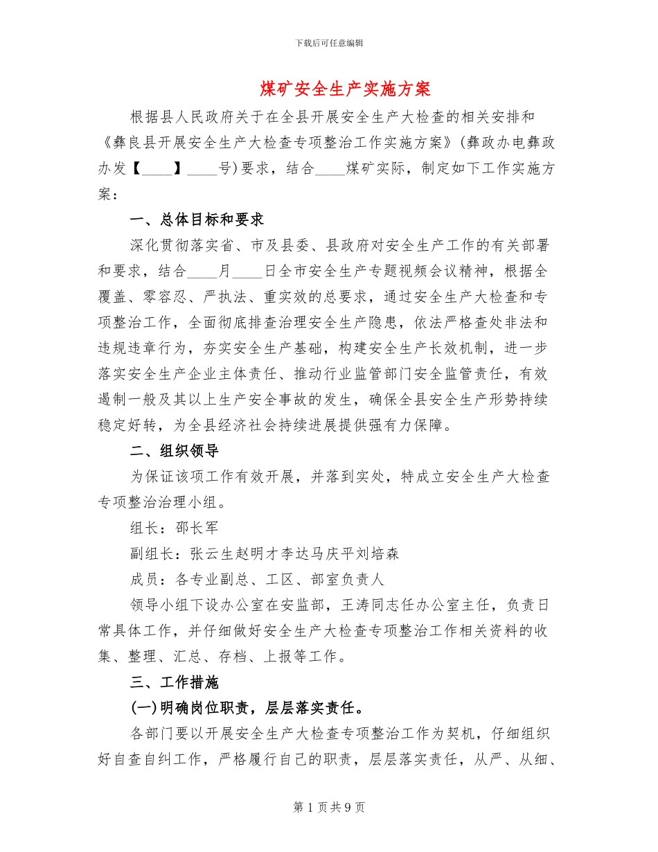 煤矿安全生产实施方案_第1页