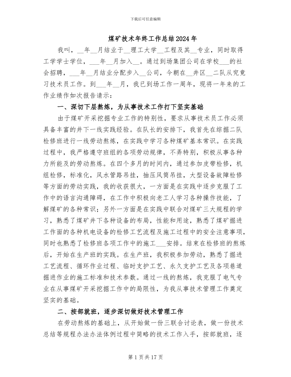 煤矿技术年终工作总结2024年_第1页