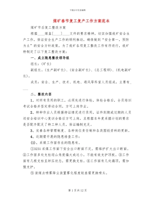 煤矿春节复工复产工作方案范本