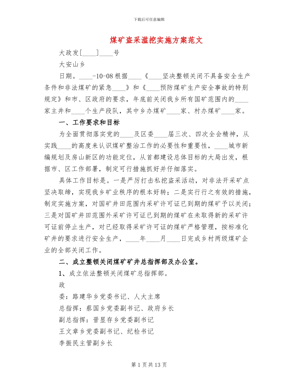 煤矿盗采滥挖实施方案范文_第1页