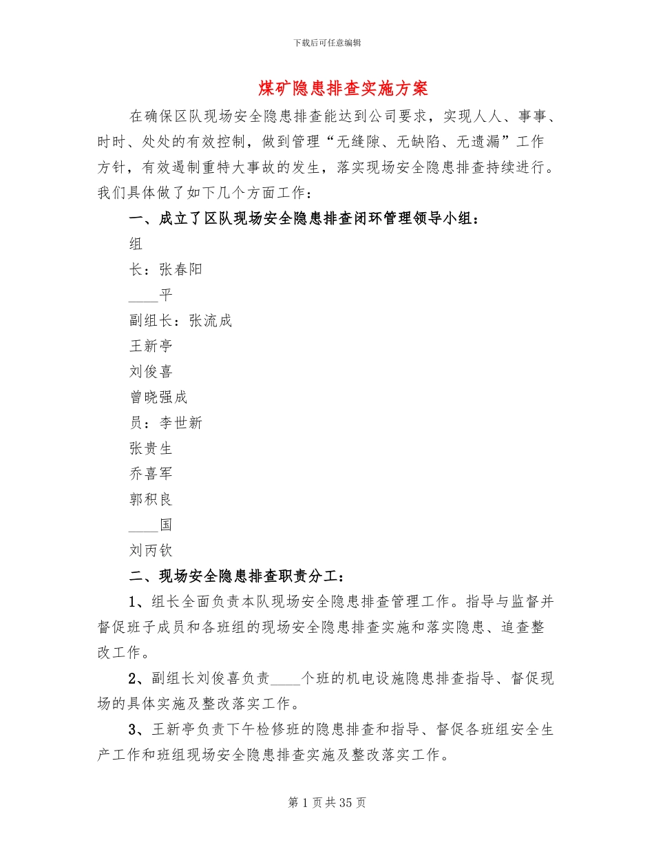 煤矿隐患排查实施方案_第1页