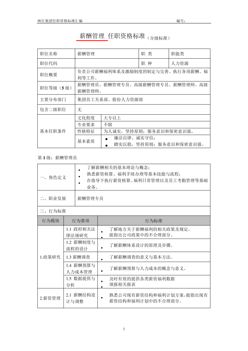 HR任职资格分级标准(薪酬管理)_第1页