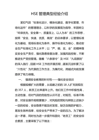 HSE管理典型经验介绍