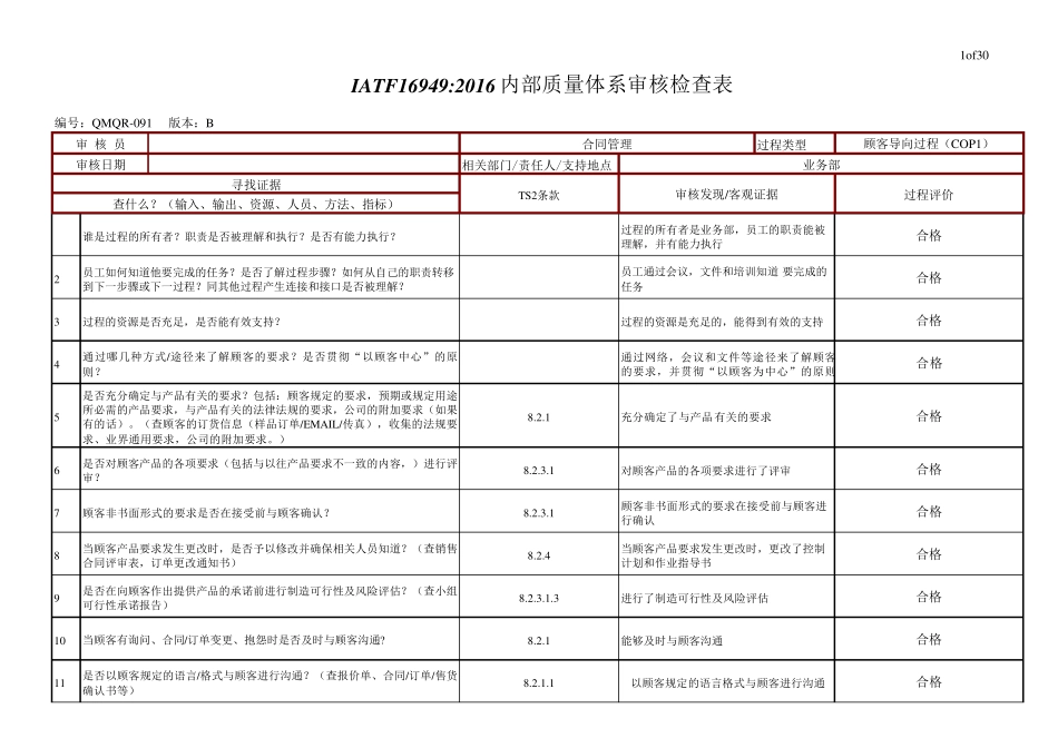 IATF169492016质量管理体系各部门按部门分过程内审检查表(IATF16949内部审核检查表)_第1页