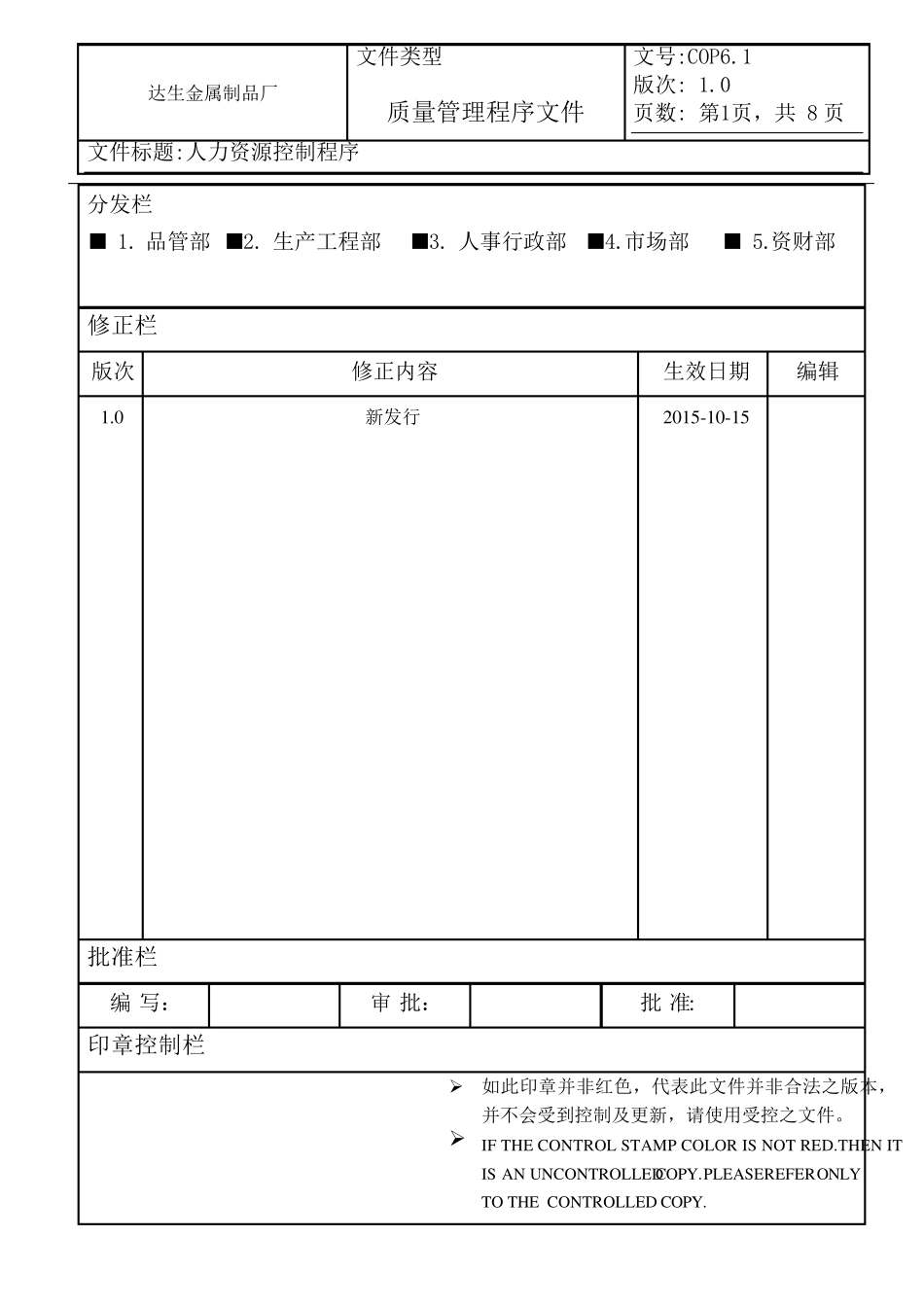 IATF16949人力资源控制程序_第1页