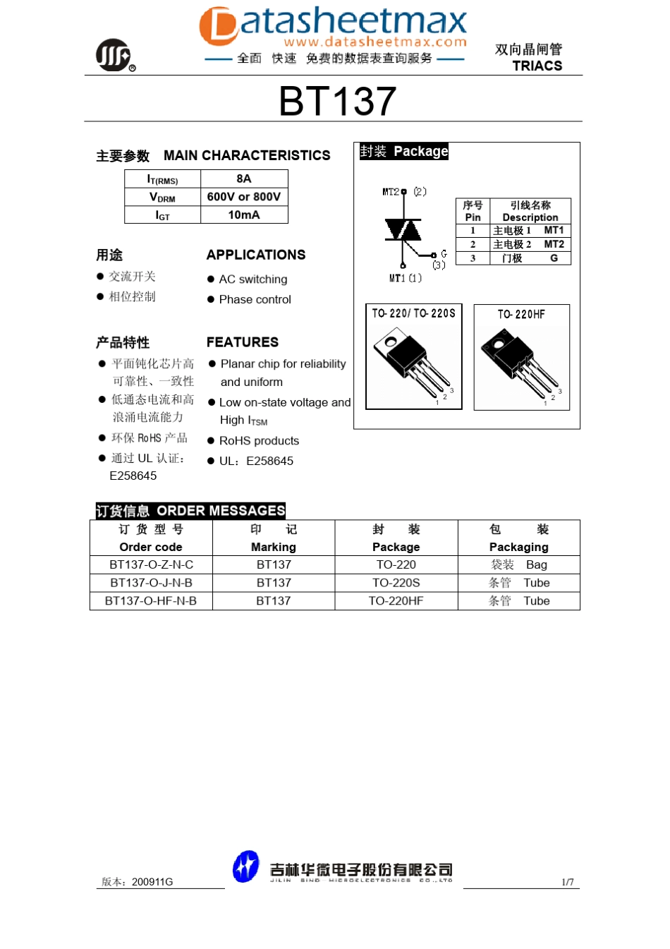 ICdatasheetpdfBT137,pdf(双向晶闸管)_第1页