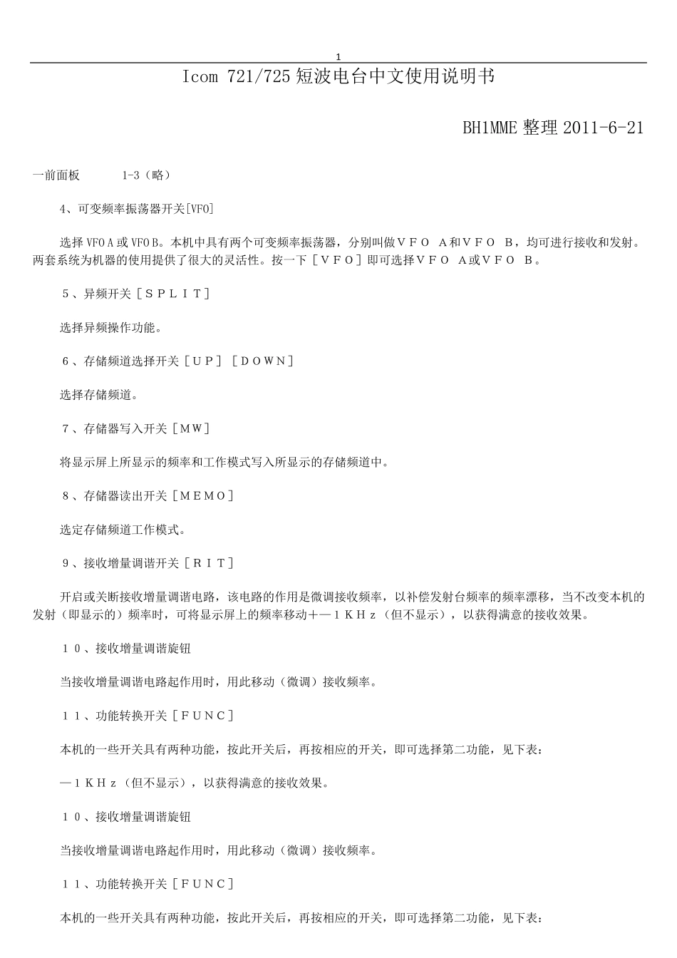 Icom721(725)短波电台中文使用说明书_第1页