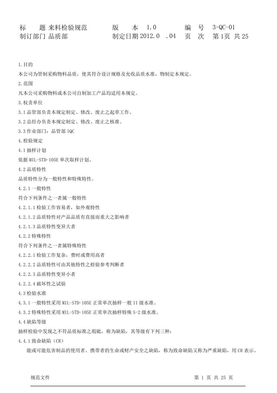 IQC来料检验规范标准书(最全分类)._第1页