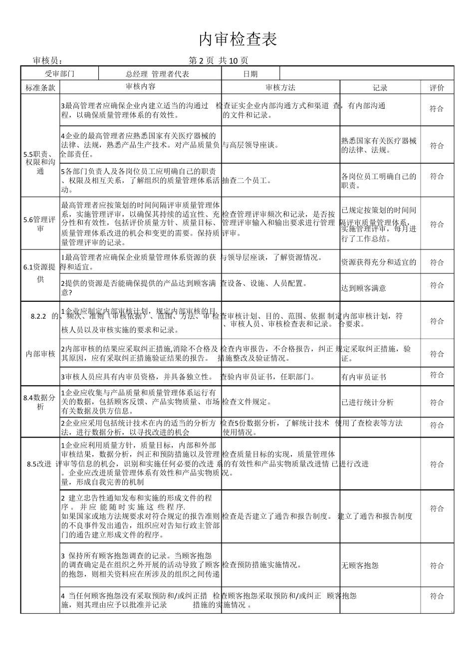 ISO13485内审检查表(完整各部门)_第2页