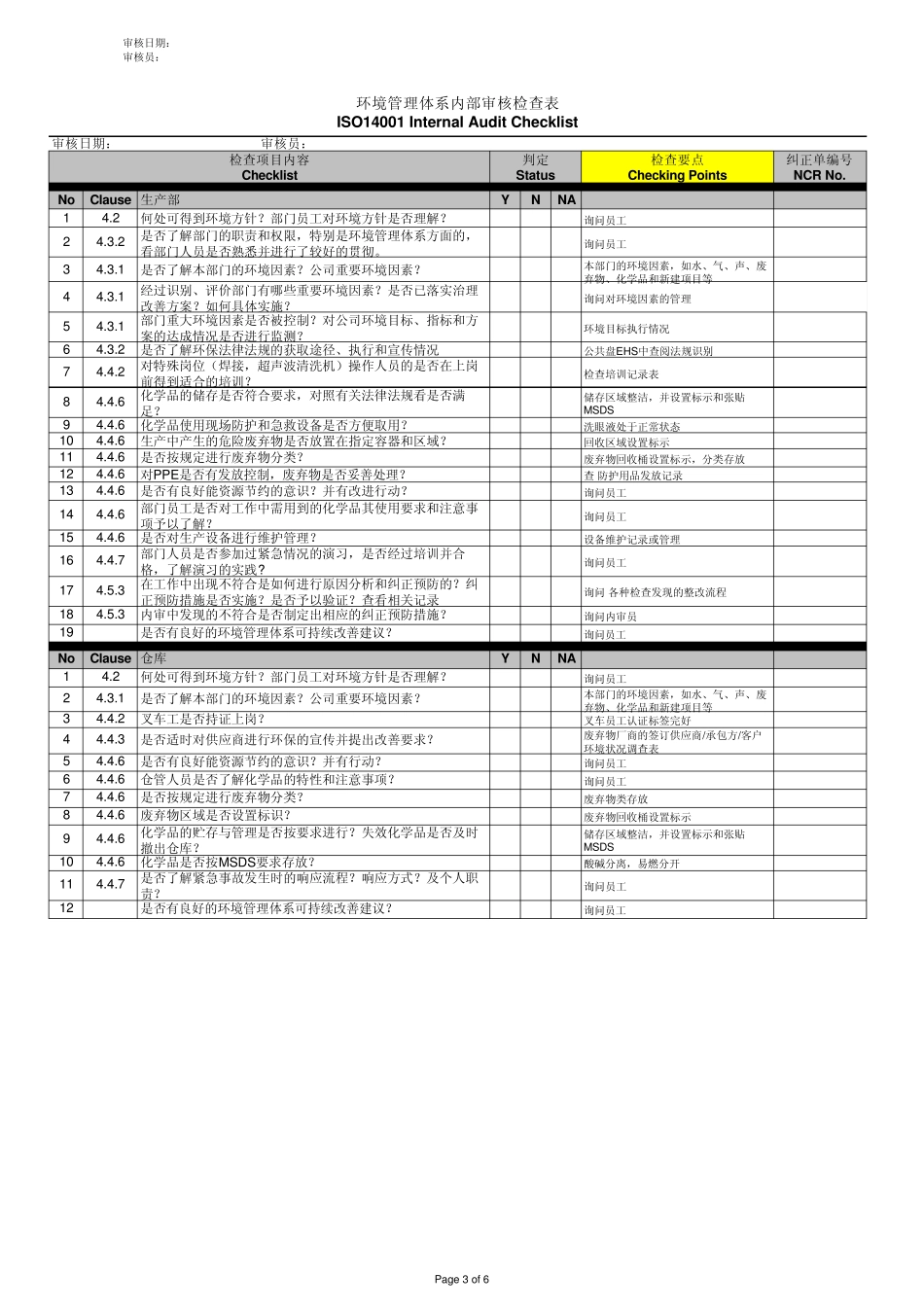 ISO14001InternalauditChecklist_第3页