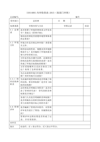 ISO14001：2015内审检查表(按部门审核)