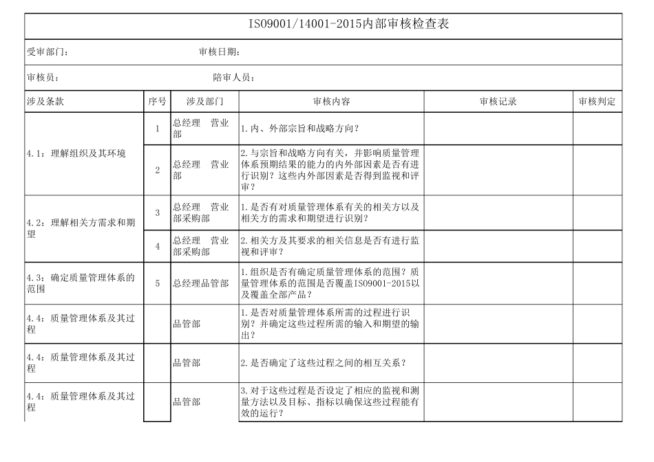 iso9001140012015内部审核检查表_第1页