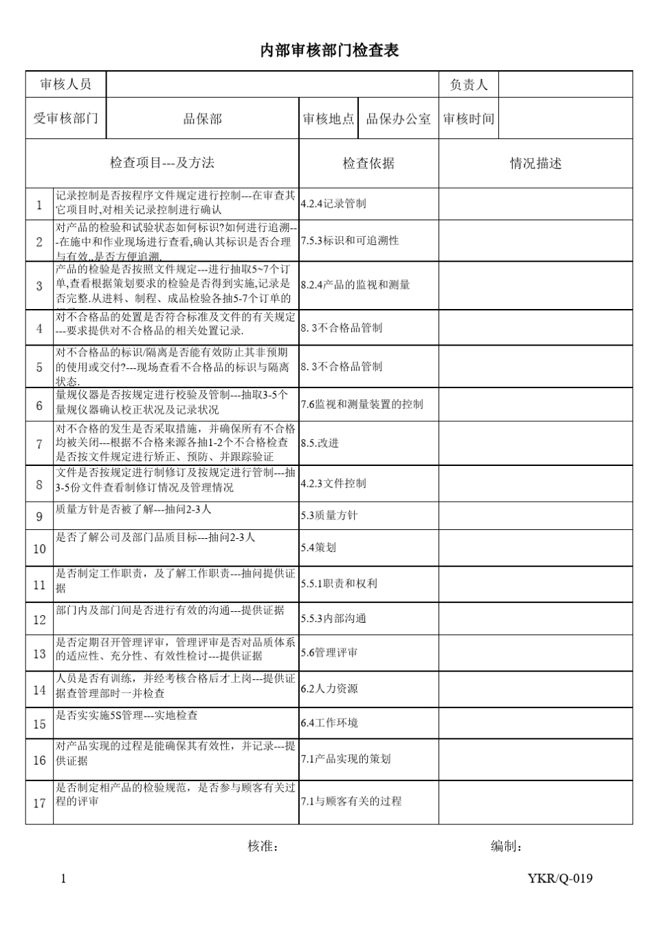 ISO9001内部审核检查表范本[通用版本]_第1页