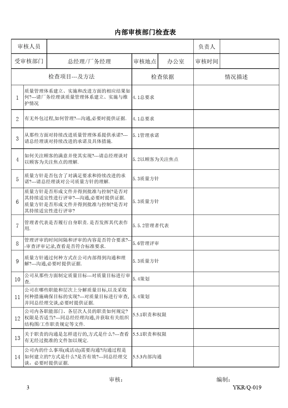 ISO9001内部审核检查表范本[通用版本]_第3页