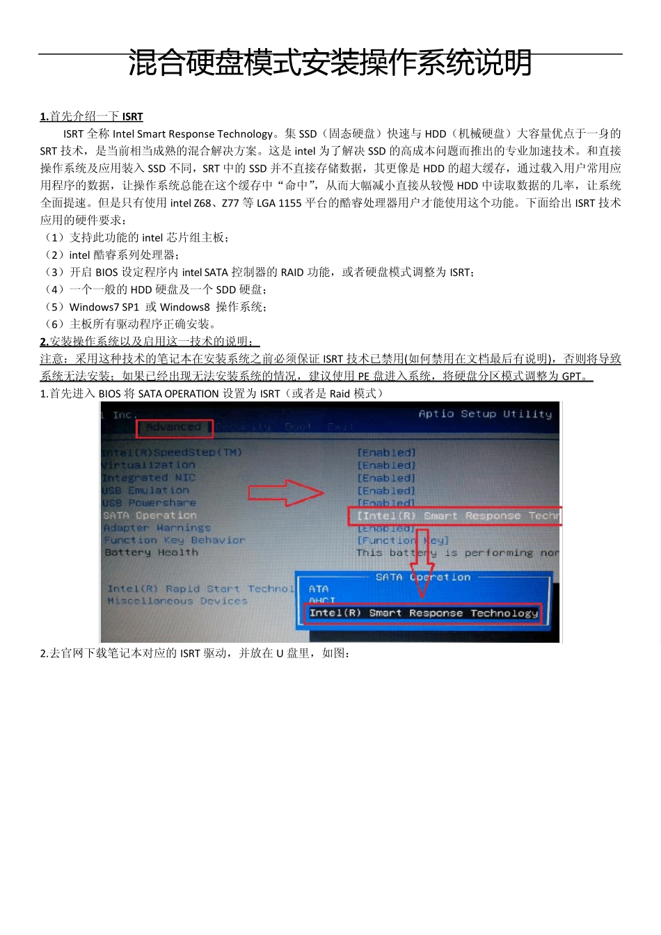 ISRT技术混合硬盘模式安装操作系统说明_第1页