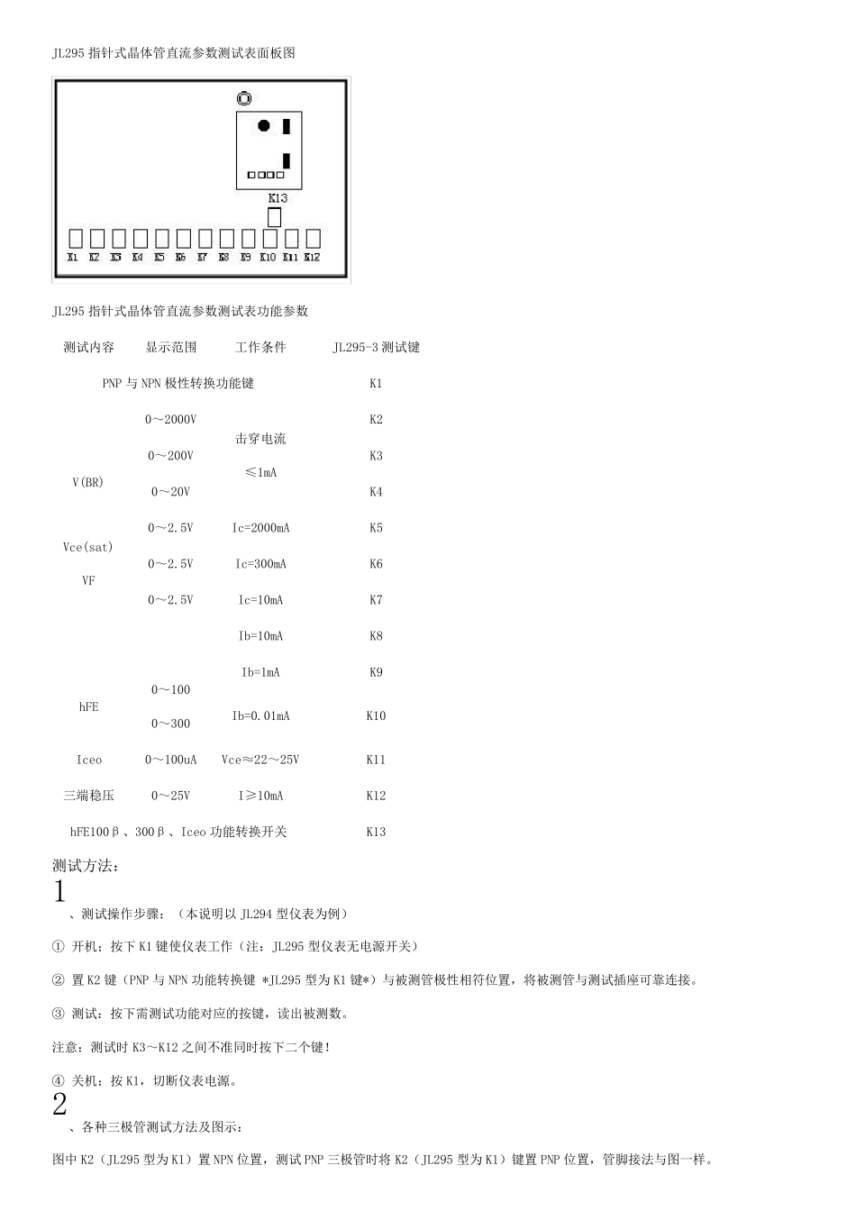 JL295指针式晶体管直流参数测试表使用说明_第1页