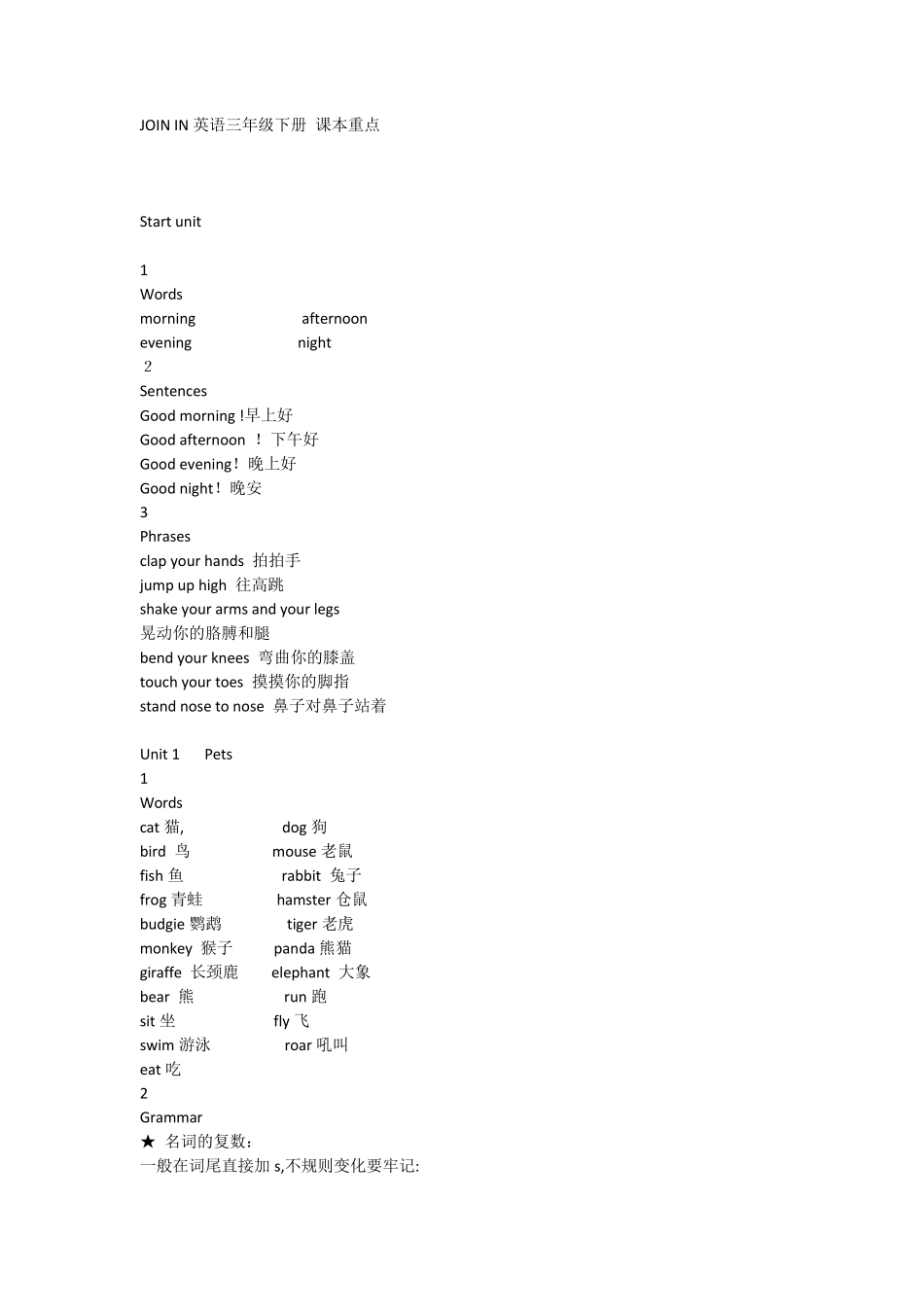 JOININ英语三年级下册课本知识点_第1页