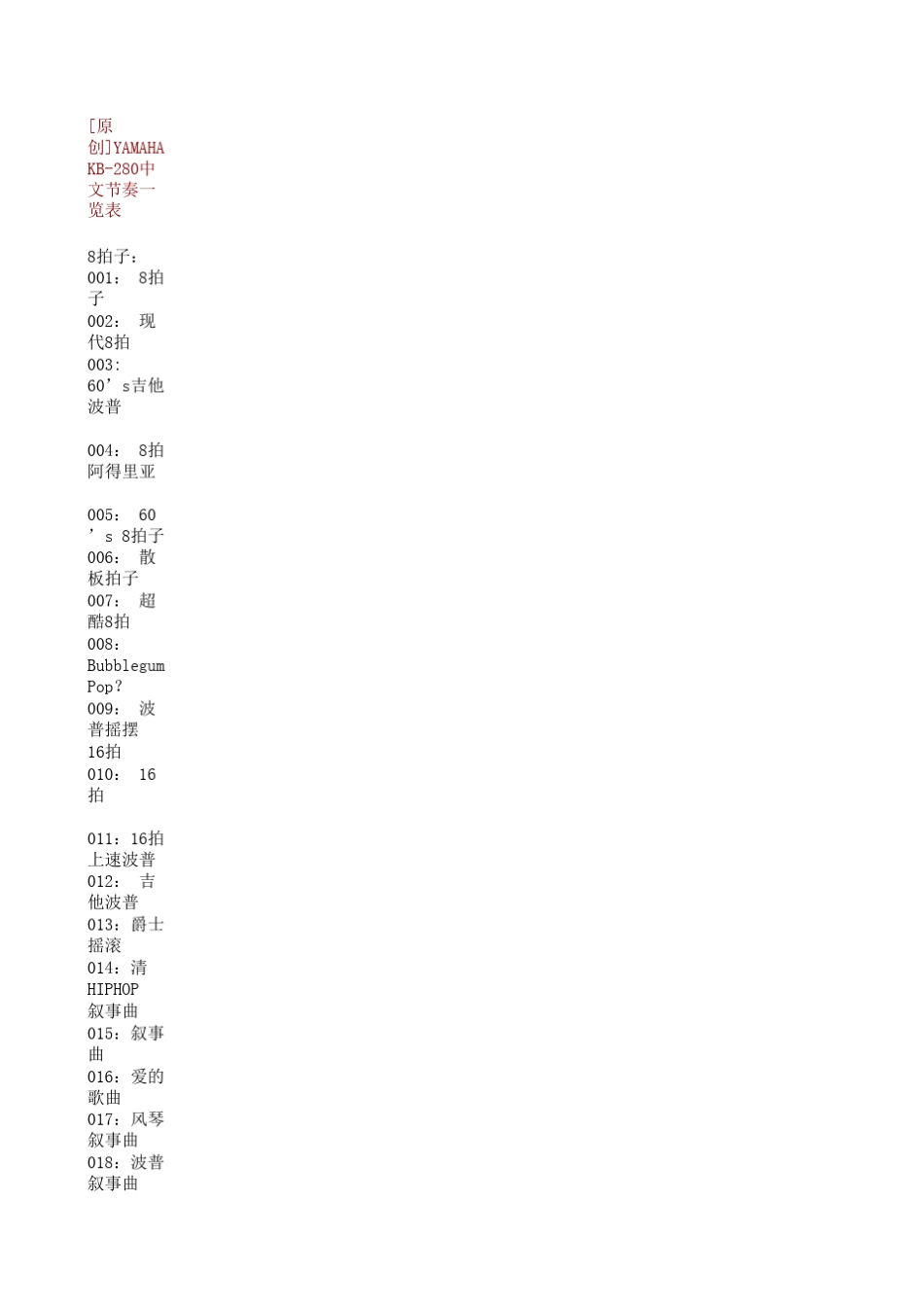 kb280tone,YAMAHA电子琴KB280音色节奏中英文对照_第1页