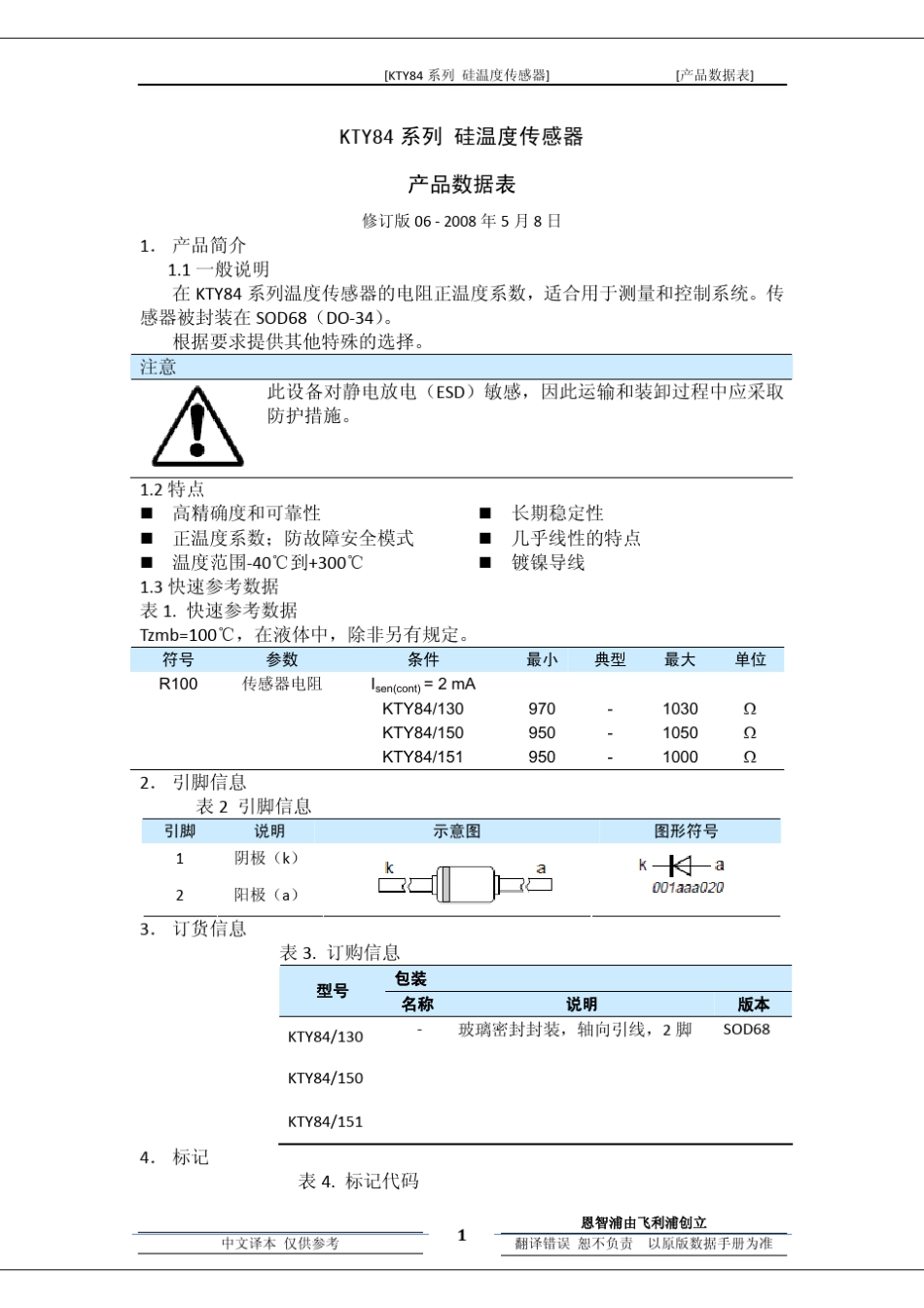 KTY84硅温度传感器数据手册_第1页