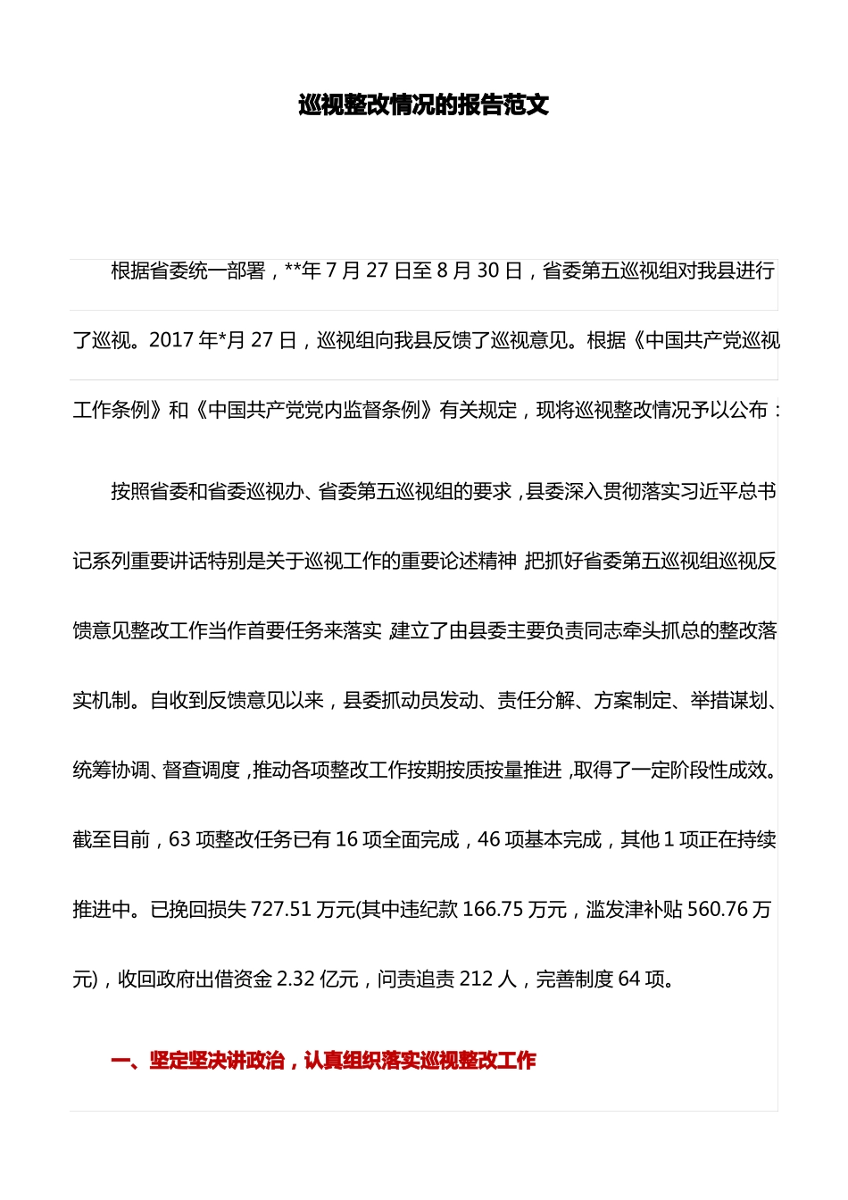 情况汇报：巡视整改情况的报告范文_第1页