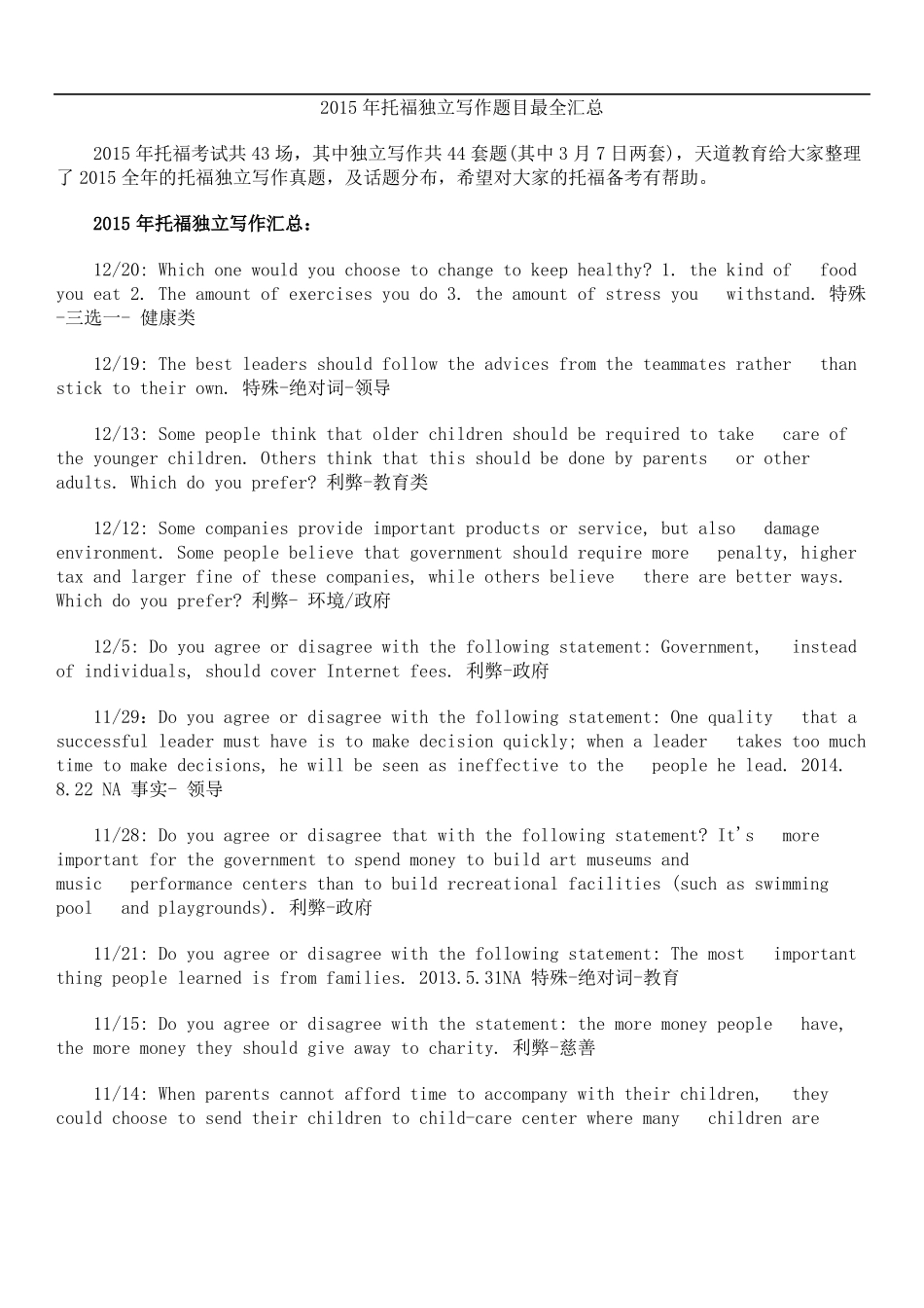 托福独立写作题目最全汇总_第1页