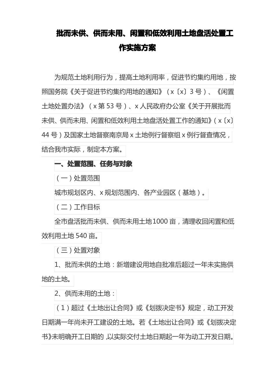 批而未供、供而未用、闲置和低效利用土地盘活处置工作实施方案_第1页