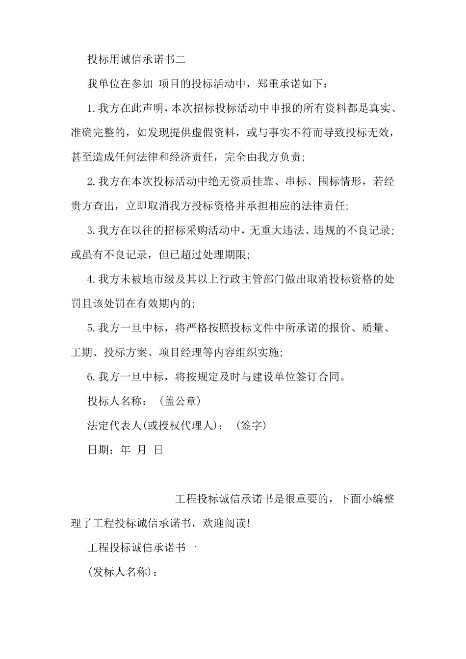 投标用诚信承诺书_第2页