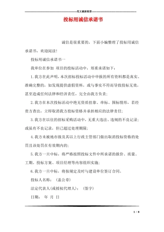 投标用诚信承诺书