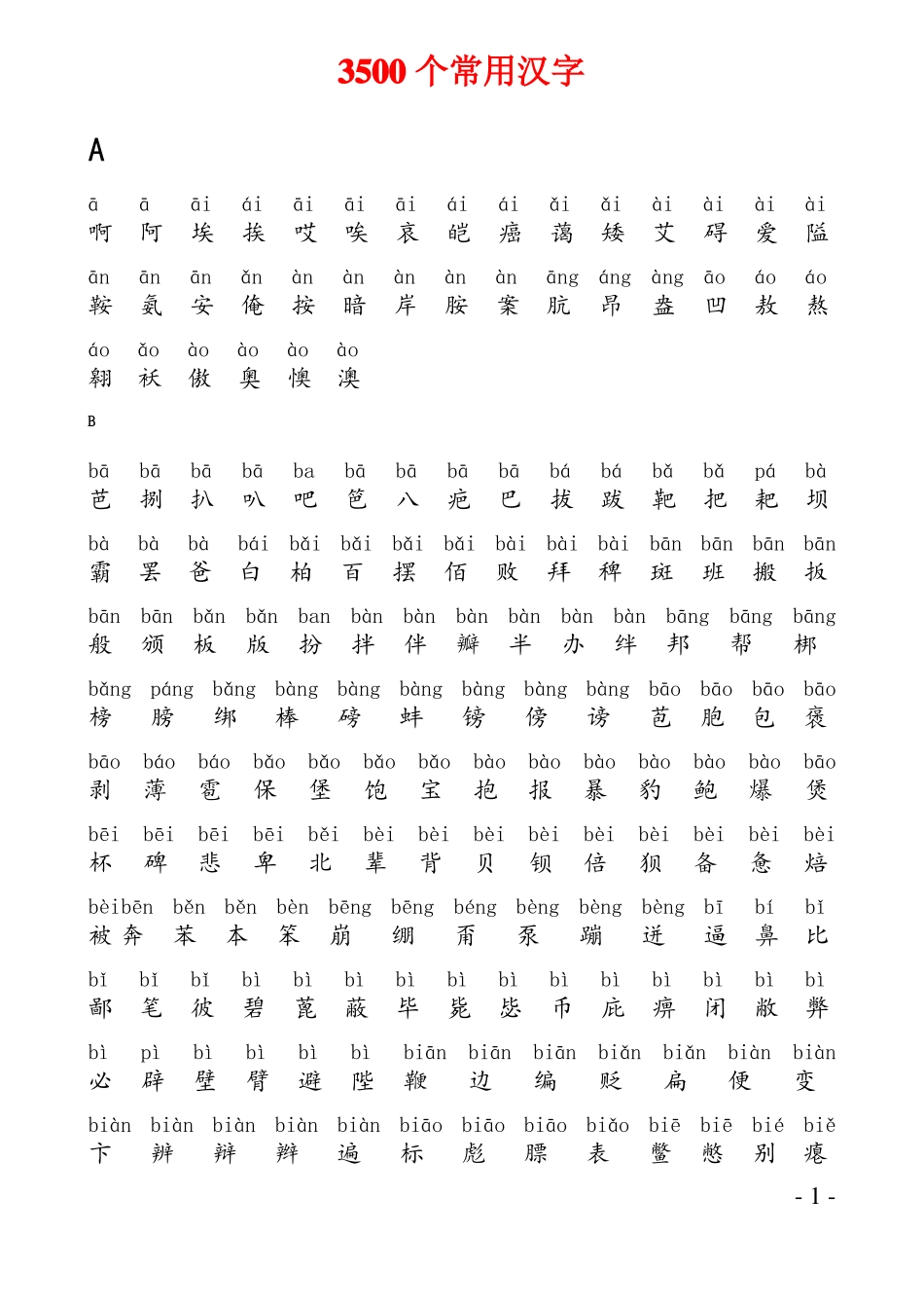 拼音版3500个常用汉字最强整理版_第1页