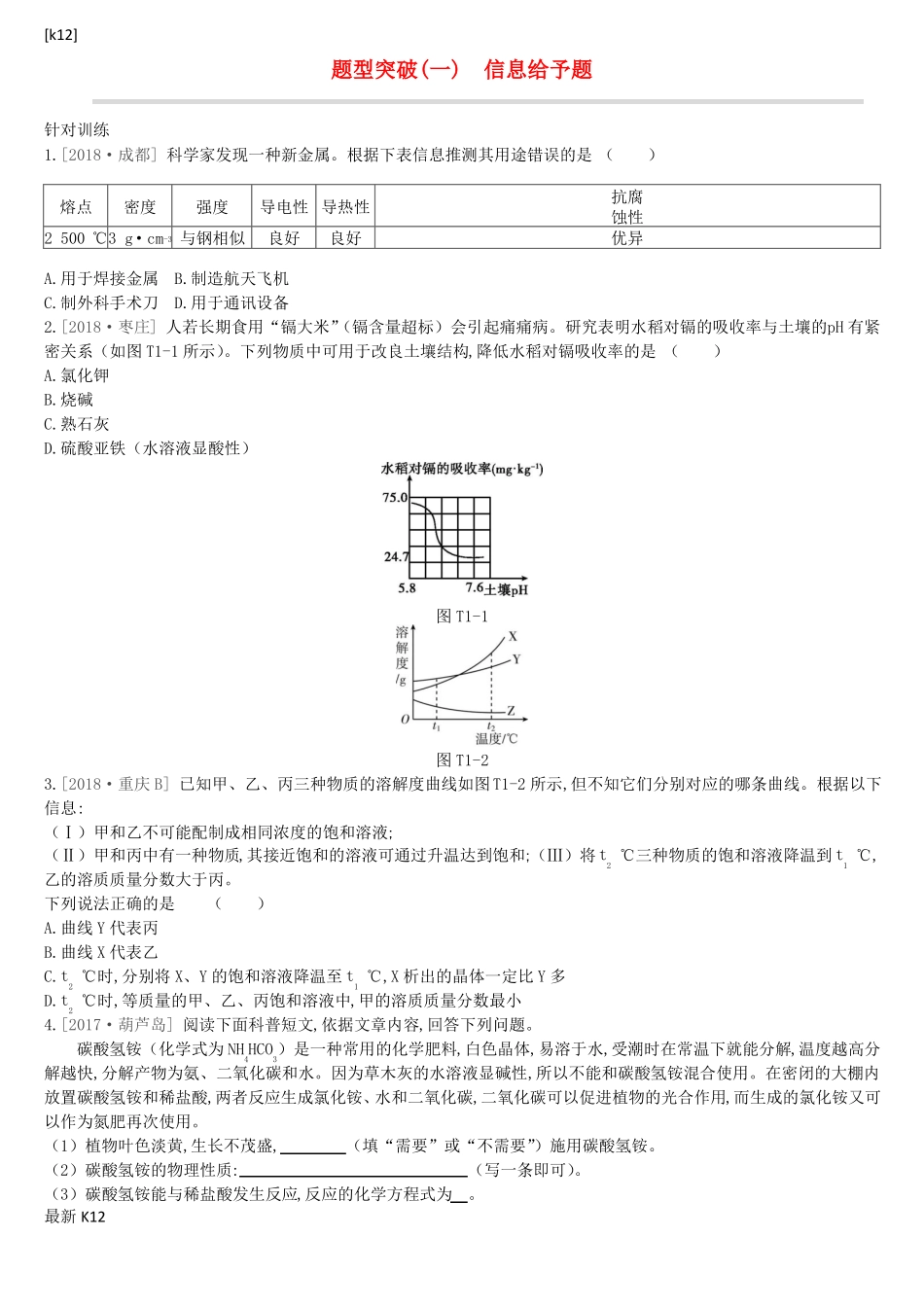 推荐学习江苏中考化学复习题型突破一信息给予题练习_第1页