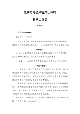 提供劳务者受害责任纠纷上诉状