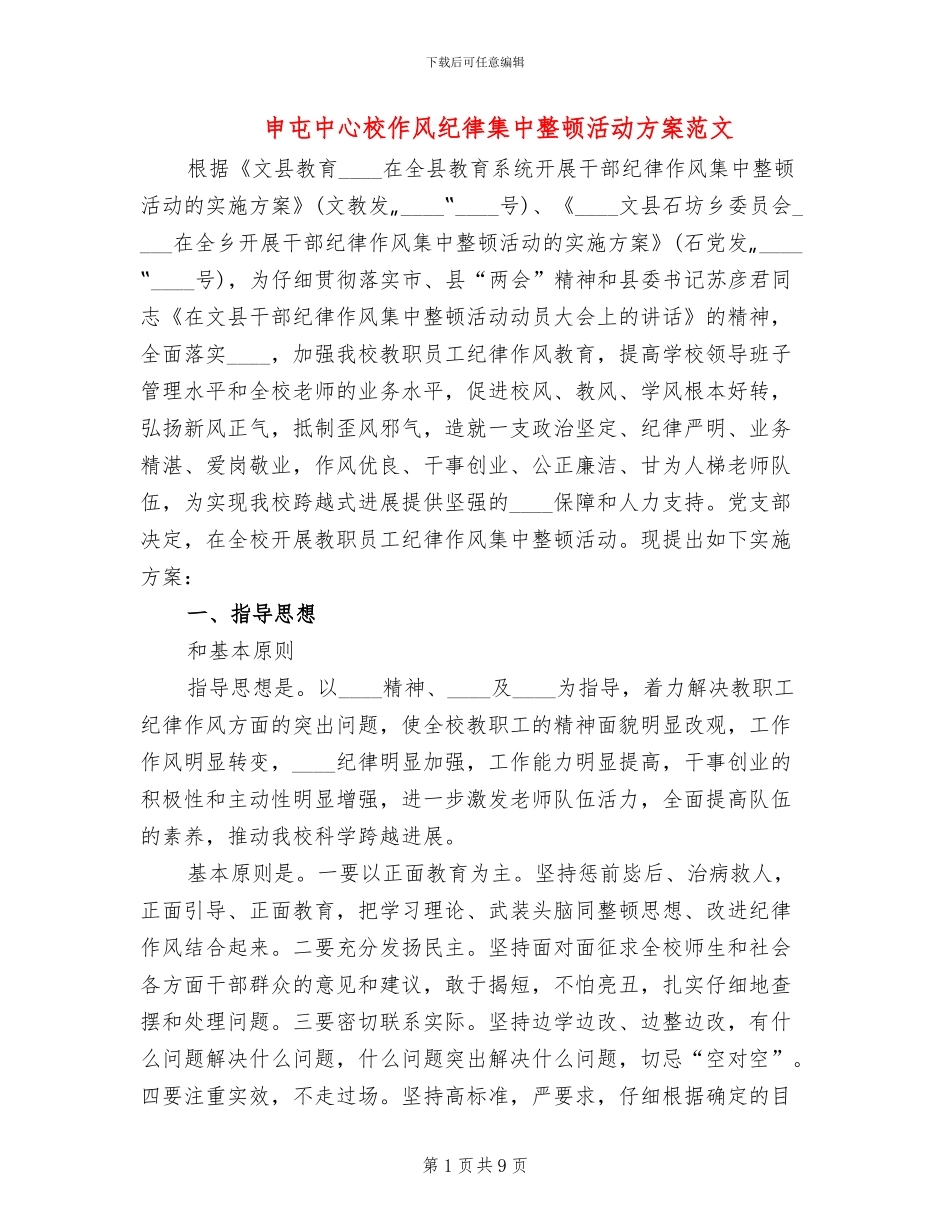 申屯中心校作风纪律集中整顿活动方案范文_第1页
