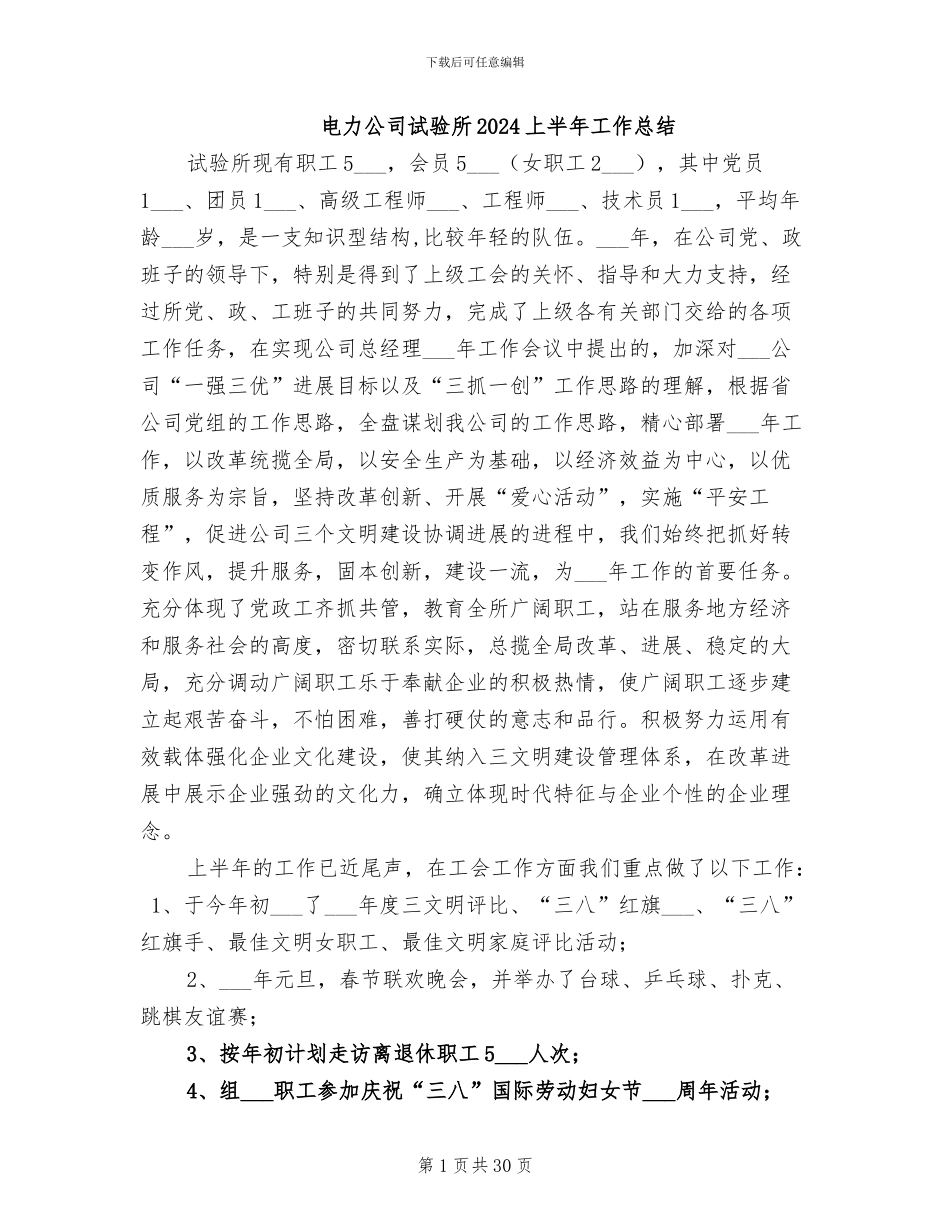 电力公司试验所2024上半年工作总结_第1页