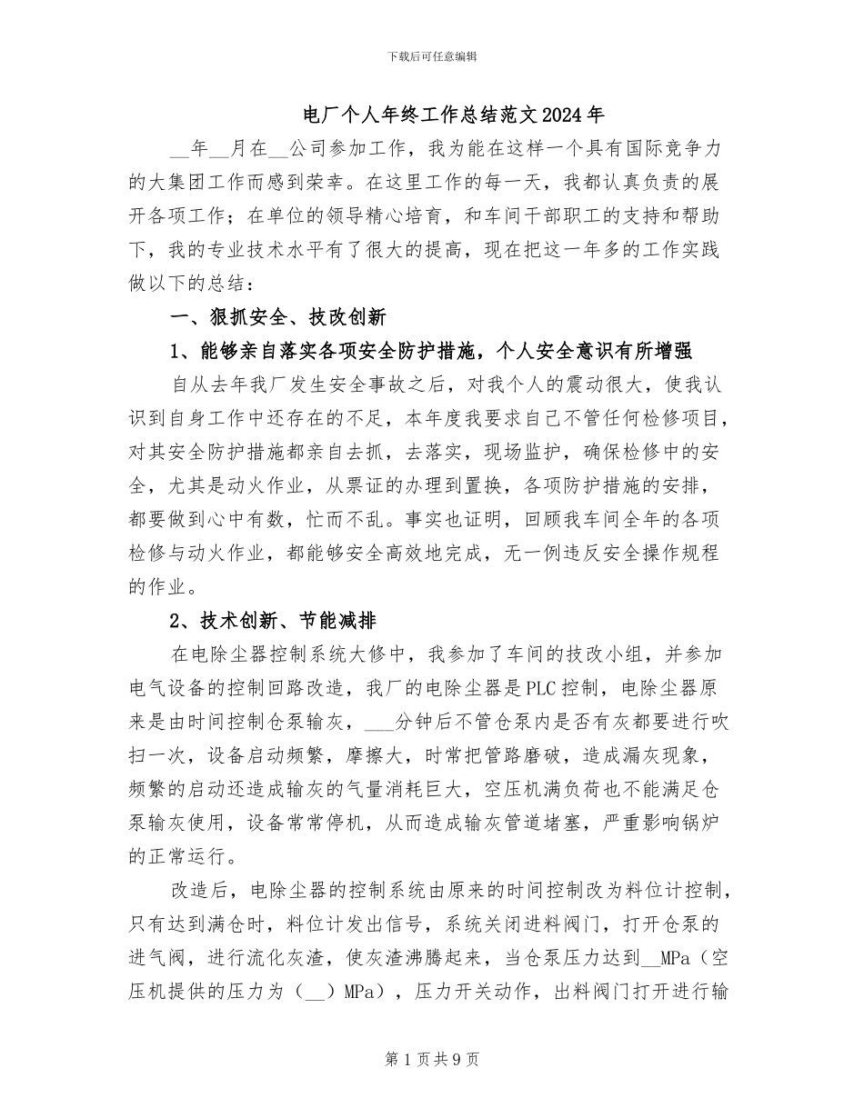 电厂个人年终工作总结范文2024年_第1页