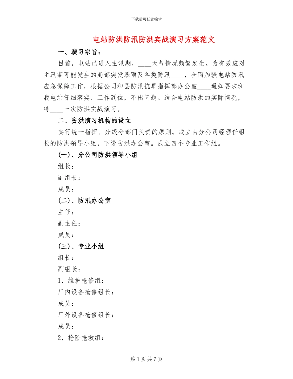 电站防洪防汛防洪实战演习方案范文_第1页