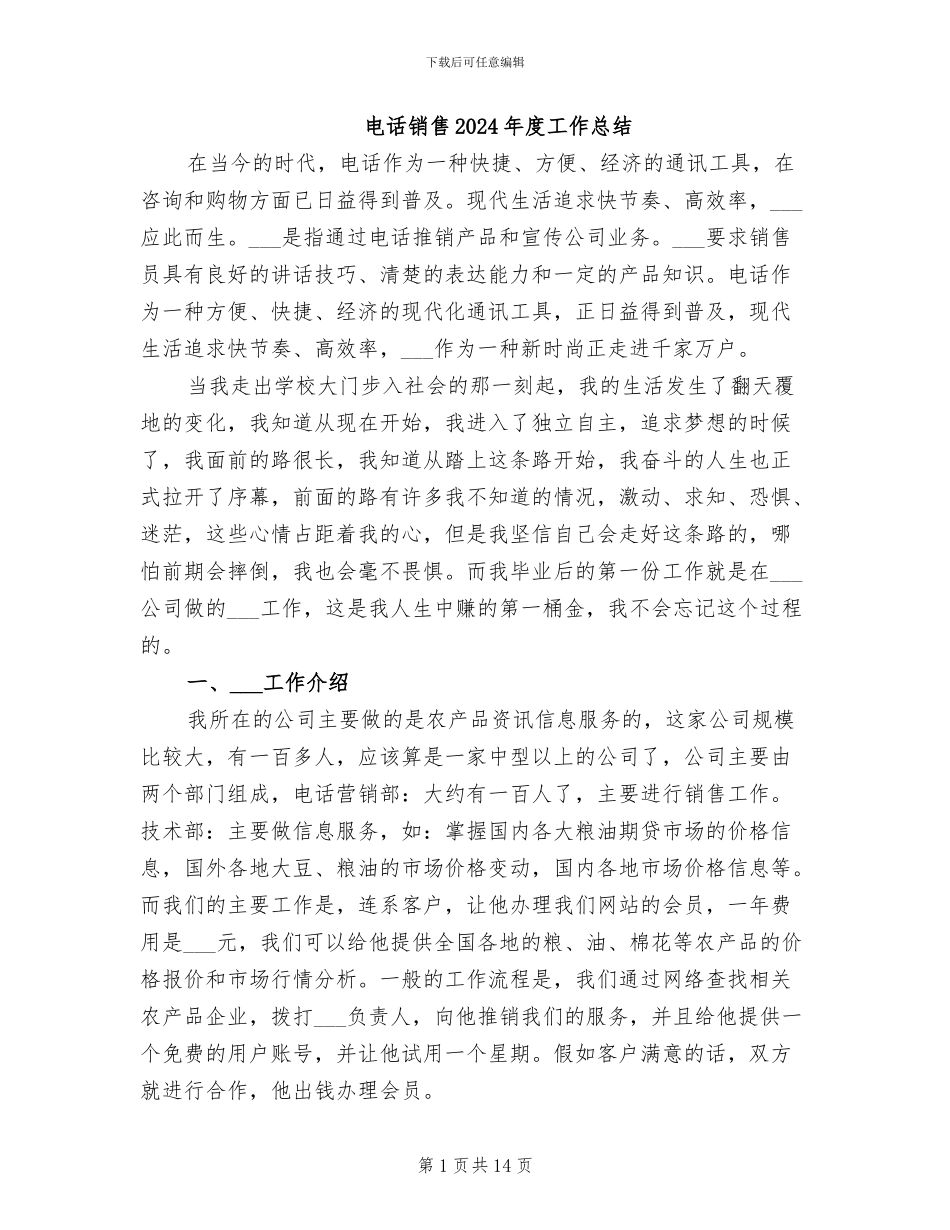 电话销售2024年度工作总结_第1页