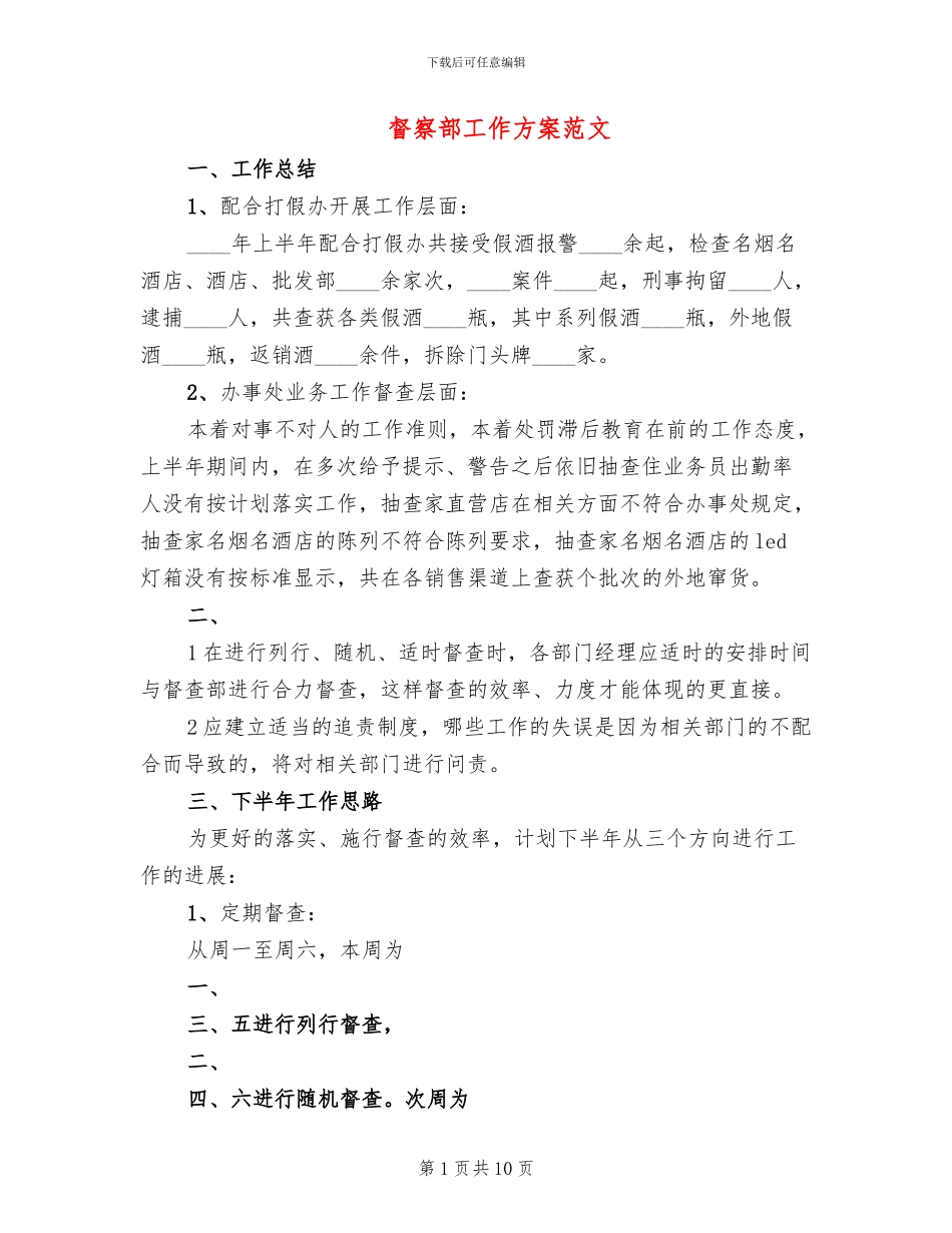 督察部工作方案范文(2篇)_第1页
