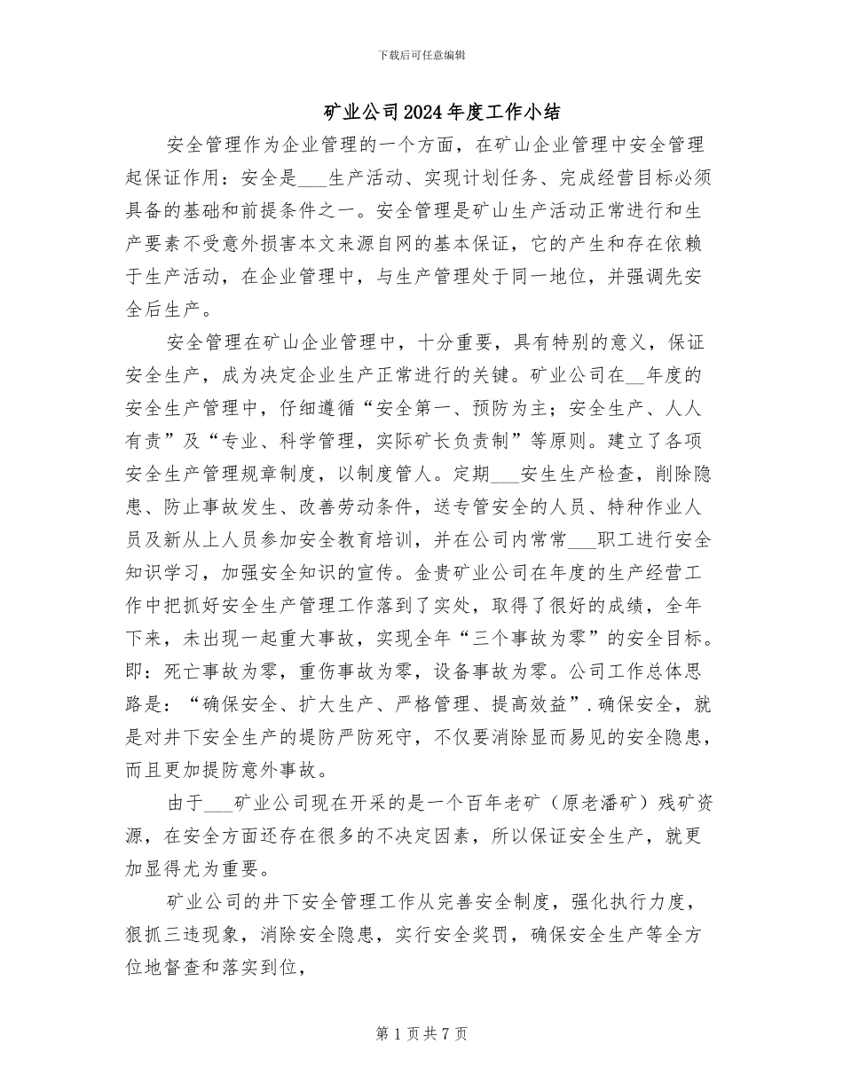 矿业公司2024年度工作小结_第1页