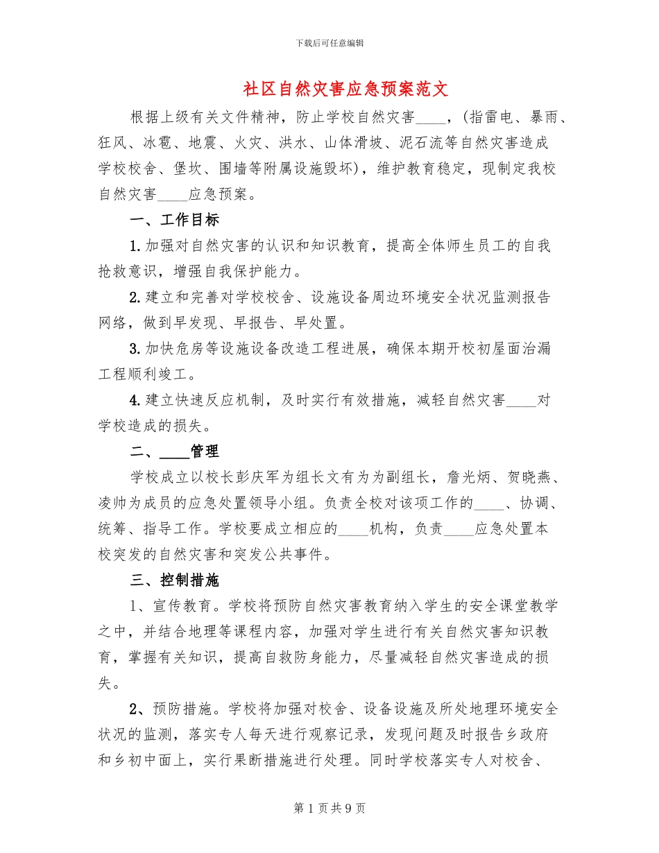 社区自然灾害应急预案范文_第1页