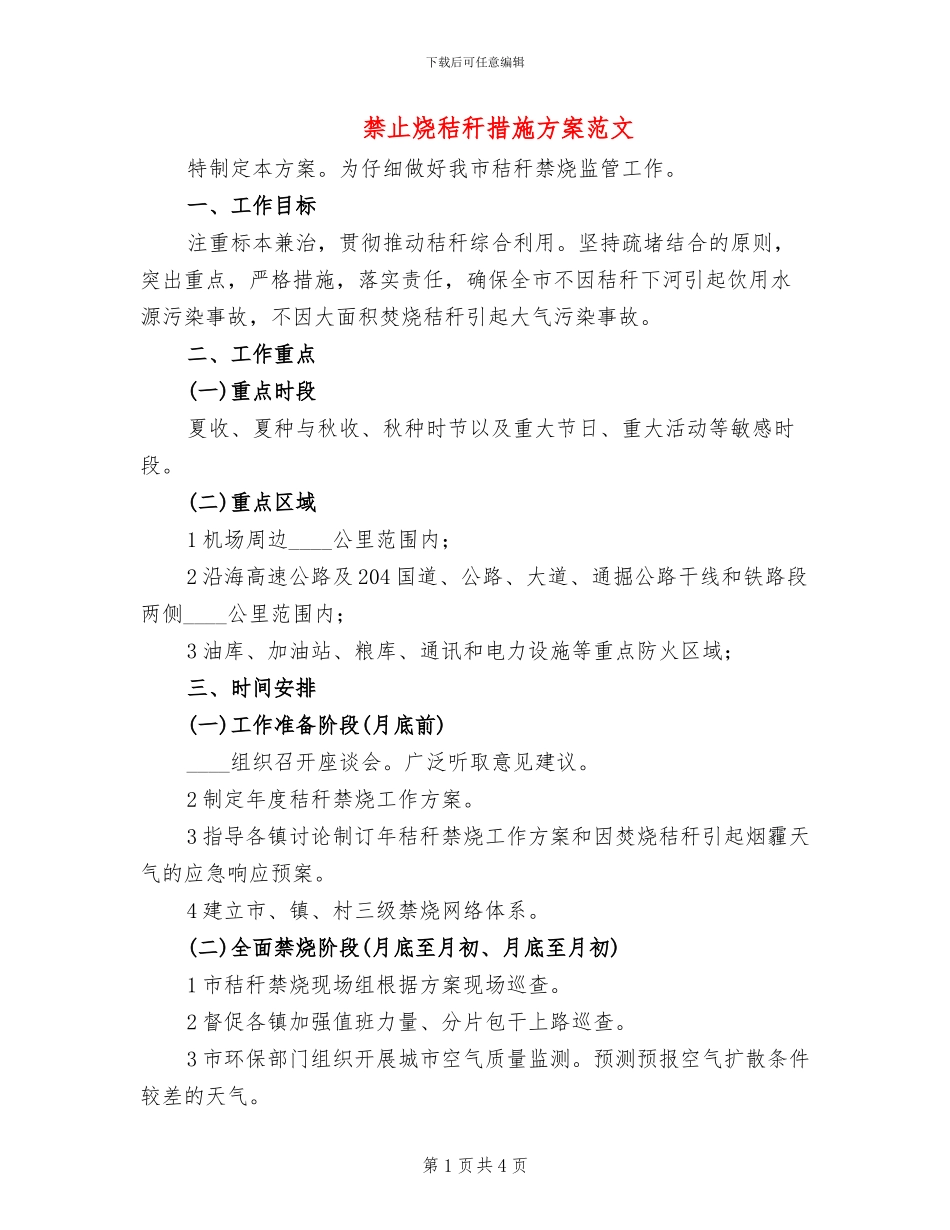 禁止烧秸秆措施方案范文_第1页