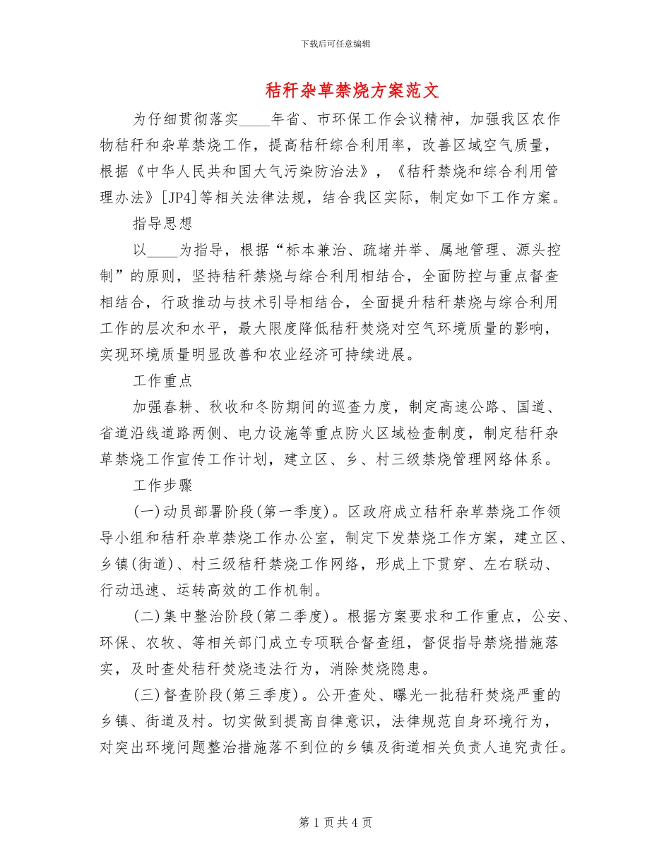 秸秆杂草禁烧方案范文_第1页